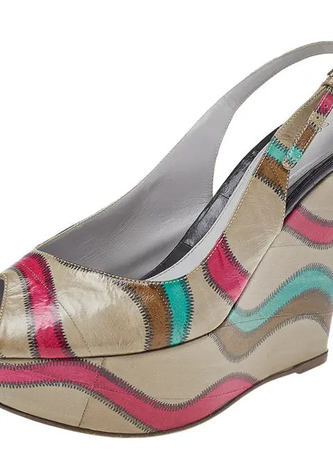 Sergio Rossi Multicolor Stitch Leather Platform Slingback Wedge Sandals Size 39