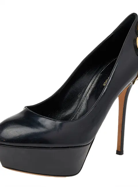 Sergio Rossi Black Leather Butterfly Plaque Platform Pumps Size 38.5