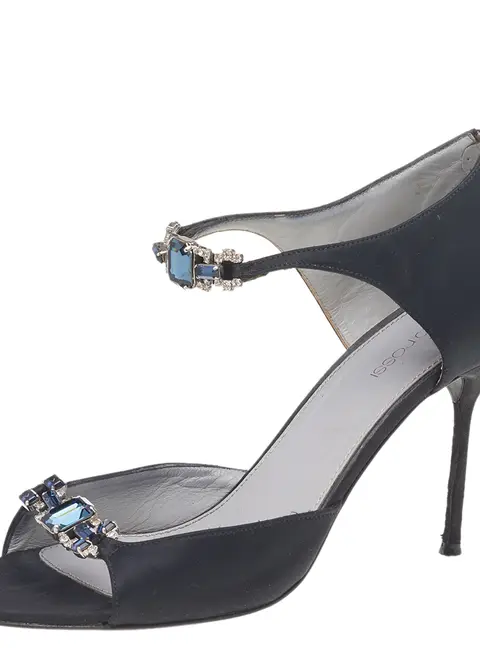 Sergio Rossi Black Satin Embellished Open Toe Pumps Size 40