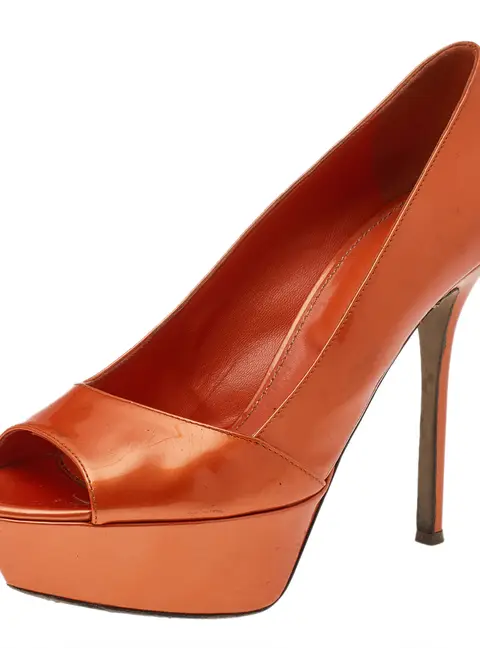Sergio Rossi Orange Patent Leather Peep Toe Platform Pumps Size 36.5