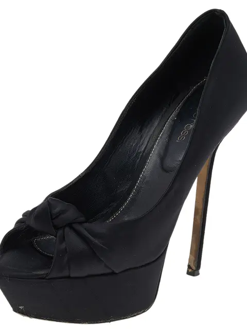Sergio Rossi Black Satin Knotted Peep Toe Platform Pumps Size 38