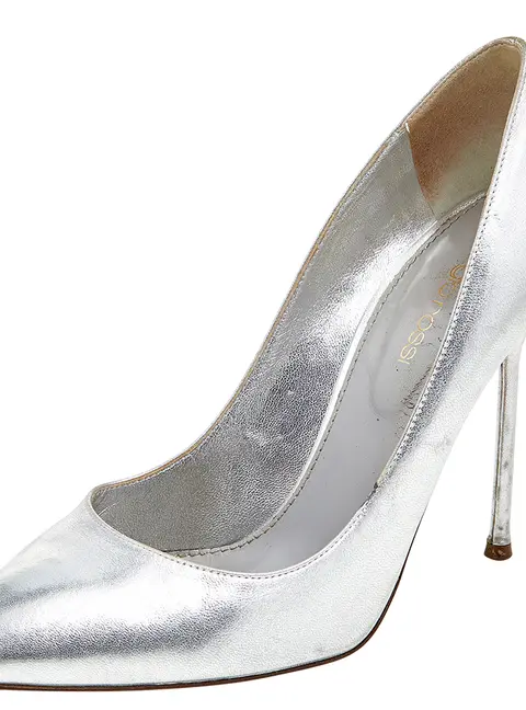 Sergio Rossi Metallic Silver Leather Almond Toe Pumps Size 37.5