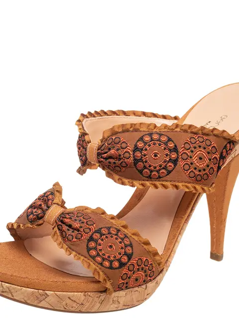 Sergio Rossi Mustard Brown Embroidered Fabric Double Bow Strap Slide Sandals Size 41