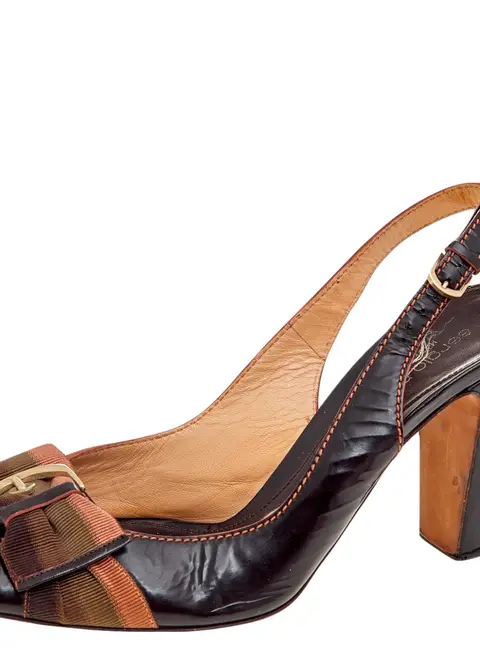 Sergio Rossi Dark Brown Leather And Fabric Peep Toe Sandals Size 38