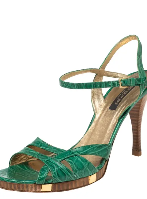 Sergio Rossi Green Croc Embossed Leather Ankle-Strap Sandals Size 41