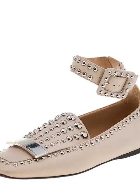Sergio Rossi Beige Leather Studded Buckle Ankle Cuff Flats Size 39