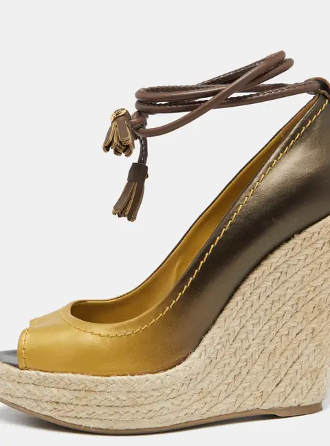 Sergio Rossi Ombre Gold Leather and Jute Ankle Wrap Wedge Pumps Size 39.5