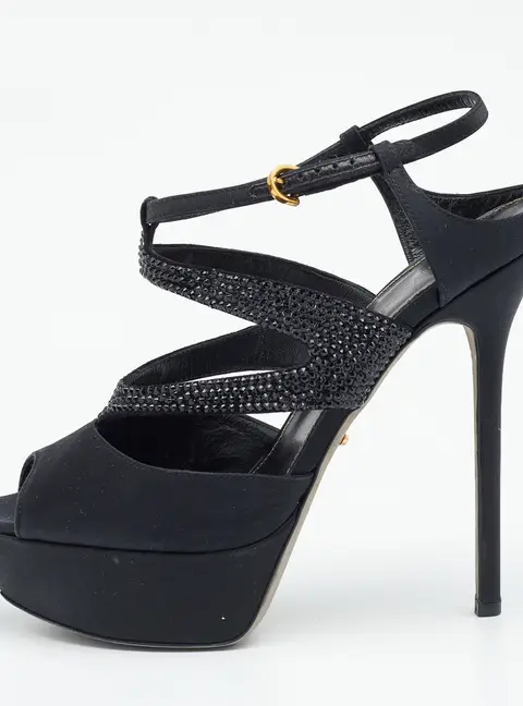 Sergio Rossi Black Satin Embellished  Ankle Strap Sandals Size 39