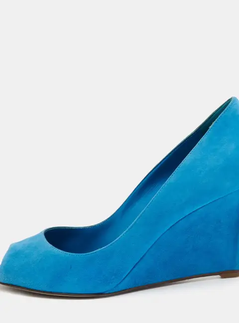 Sergio Rossi Blue Suede Peep Toe Wedge Pumps Size 40.5