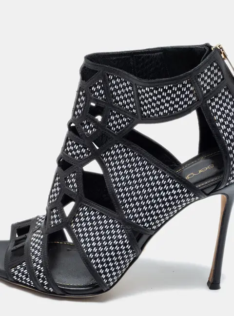 Sergio Rossi Black/White  Woven Straw And Leather Cutout Ankle Boots Size 36
