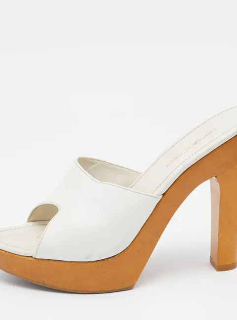 Sergio Rossi White Leather Wooden Platform Heel Sandals Size 38.5