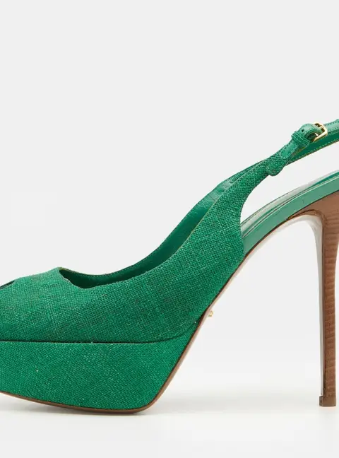 Sergio Rossi Green Canvas Platform Peep Toe Ankle Strap Sandals Size 40