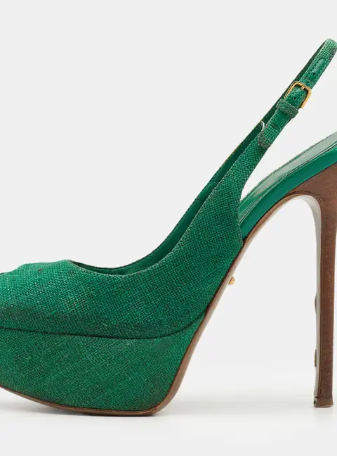 Sergio Rossi Green Canvas Cachet Peep Toe Platform Slingback Sandals Size 37