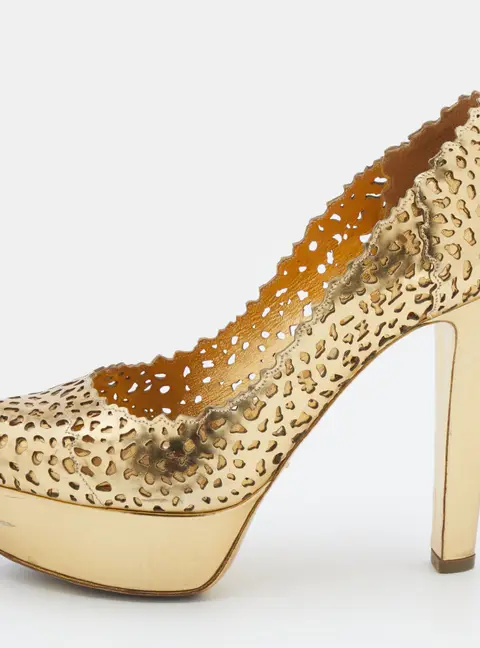 Sergio Rossi Metallic Gold Laser Cut Leather Platform Pumps Size 36.5