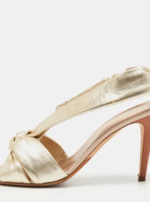 Sergio Rossi Gold Leather Knot Detail Open Toe Sandals Size  40