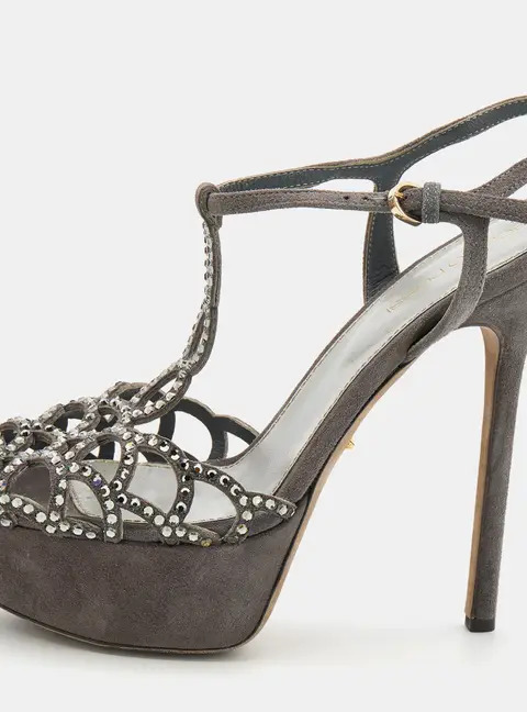 Sergio Rossi Grey Suede Embellished Strappy Scalloped Platform Sandals Size 36