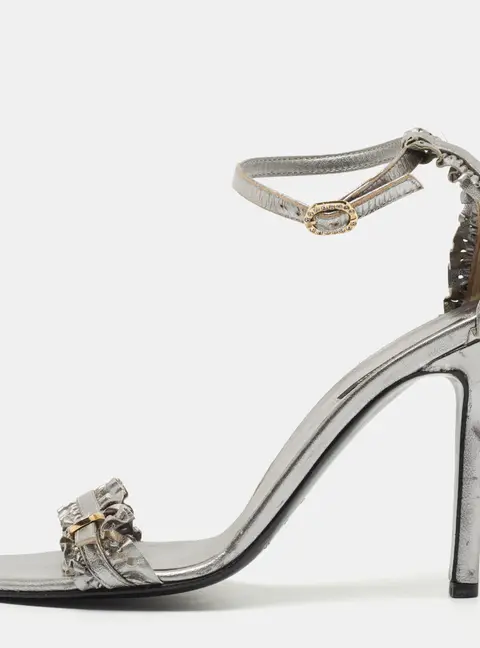 Sergio Rossi Metallic Grey Ruffle Leather Ankle Strap Sandals Size 40