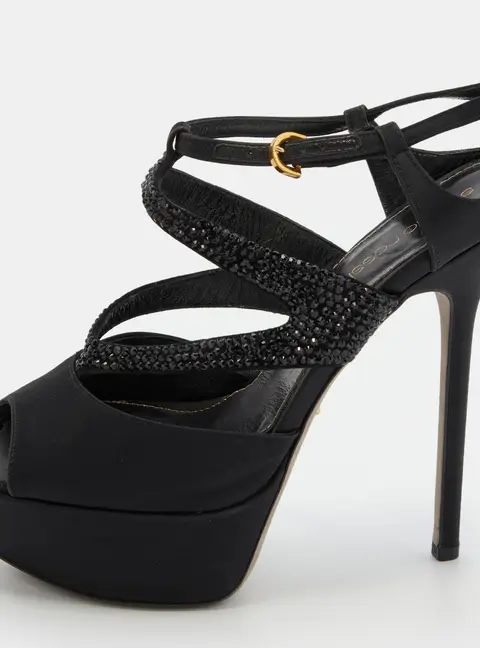 Sergio Rossi Black Satin and Leather Crystal Embellished Platform Sandals Size 36.5