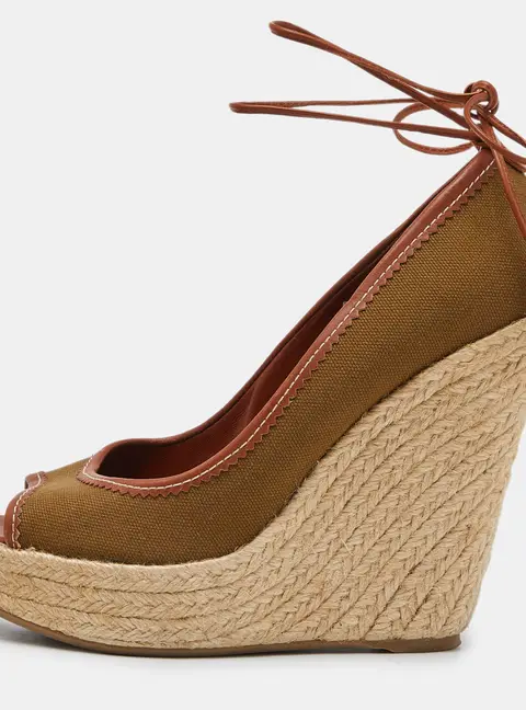 Sergio Rossi Brown Canvas Espadrille Wedge Ankle Tie Sandals Size 39