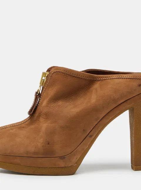 Sergio Rossi Brown Nubuck Leather Zip Platform Mules Size 38.5