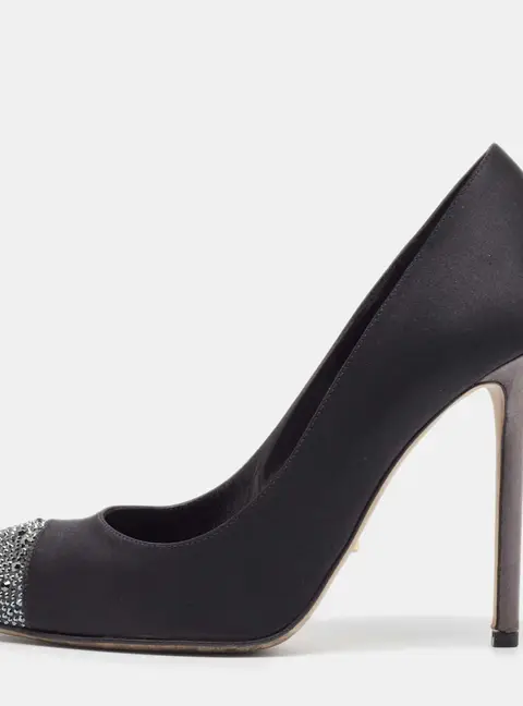 Sergio Rossi Black/Grey Satin Crystal Embellished Peep Toe Pumps Size 38.5