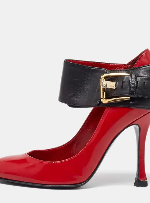 Sergio Rossi Red/Black Leather Buckle Ankle Cuff Pointed Toe Pumps Size 35.5