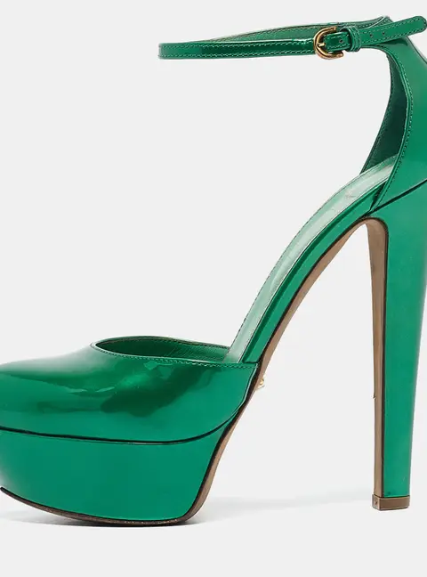 Sergio Rossi Green Patent Leather Ankle Strap Platform Pumps Size 36.5