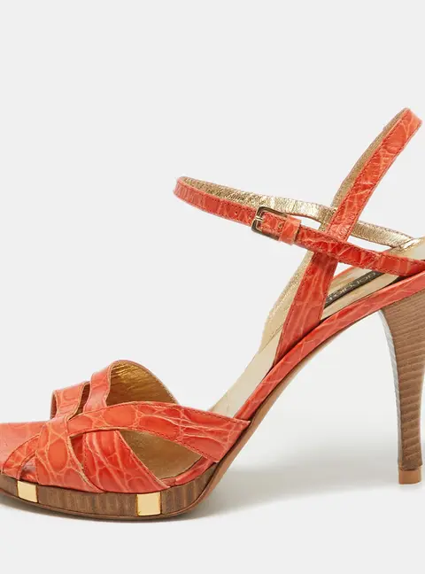 Sergio Rossi Size 40.5 Orange Croc Embossed Patent Leather Ankle Strap Sandals