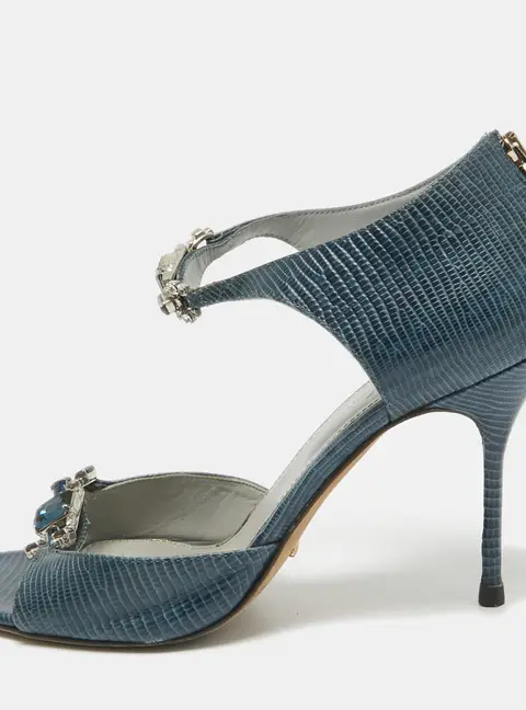 Sergio Rossi Blue Lizard Embossed Leather Embellished Open Toe Sandals Size 39