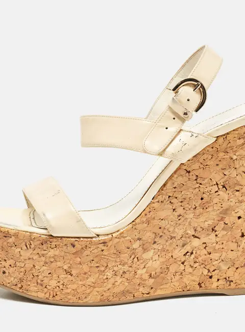 Sergio Rossi Cream Patent Leather Ankle Strap Cork Platform Wedge Sandals Size 38