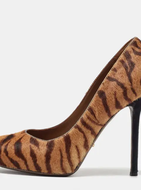 Sergio Rossi Brown Tiger Stripes Print Calf Hair Platform Pumps Size 36.5