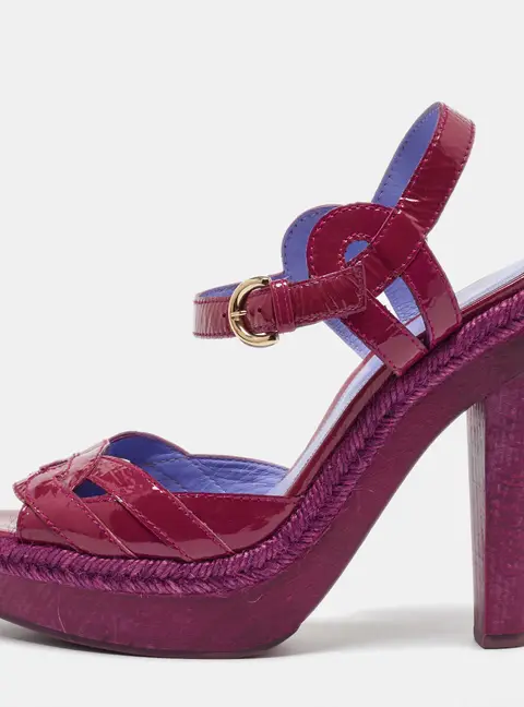Sergio Rossi Pink Patent Leather Wooden Platform Ankle Strap Sandals Size 39