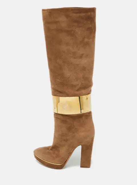 Sergio Rossi Light Brown Suede Metal Cuff Platform Knee Length Boots Size 36