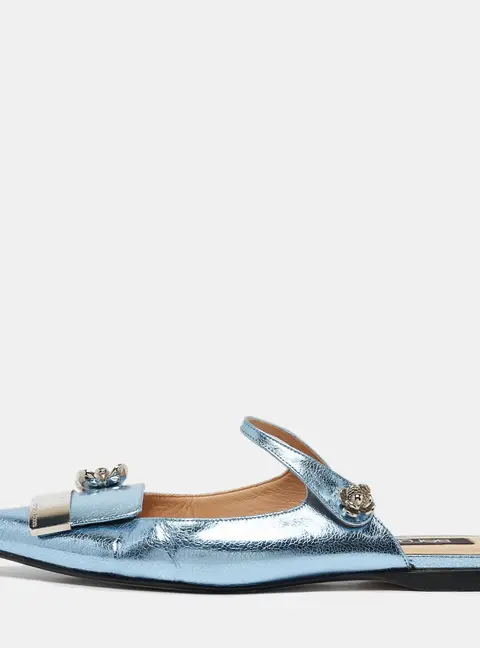 Sergio Rossi Metallic Blue Textured Leather Flower Detail Flat Mules Size 40