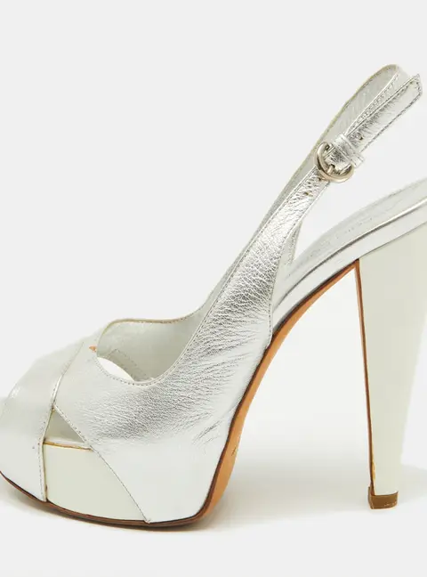 Sergio Rossi Silver Leather Slingback Platform Sandals Size 37