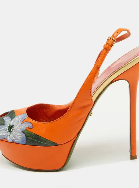 Sergio Rossi Orange Leather Floral Print Peep Toe Platform Slingback Sandals Size 40