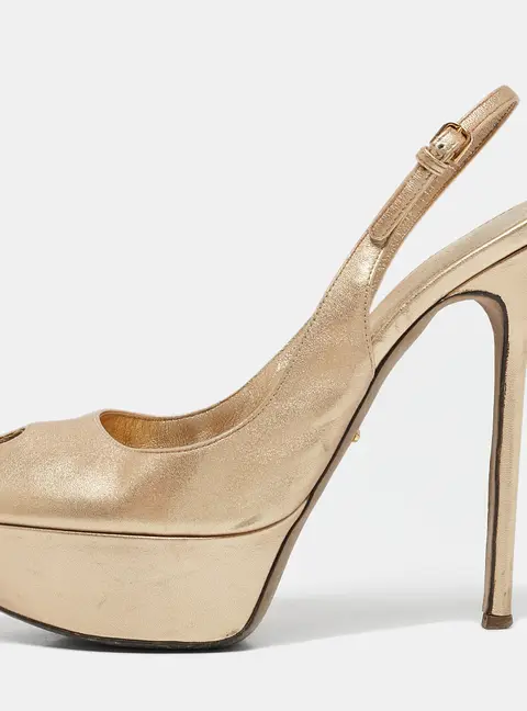 Sergio Rossi Gold Leather Peep Toe Platform Slingback Sandals Size 38