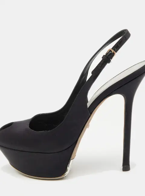 Sergio Rossi Black Satin Slingback Peep Toe Pumps Size 37.5