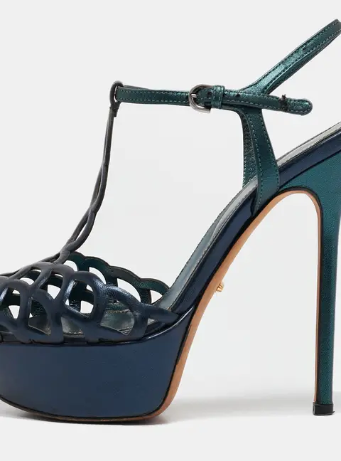 Sergio Rossi Metallic Blue/Green Cut Out Leather Platform Sandals Size 35