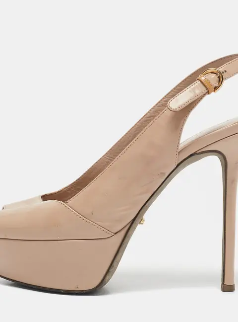 Sergio Rossi Beige Patent Leather Peep Toe Platform Slingback Pumps Size 36.5