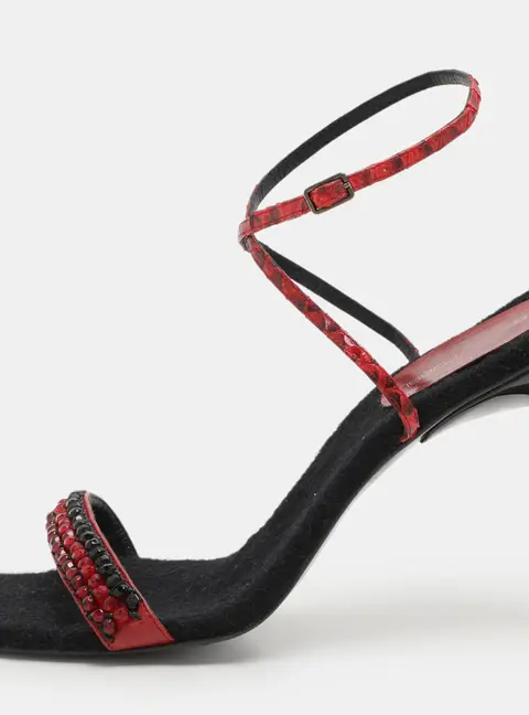 Sergio Rossi Size 40 Red Leather and Python Leather Ankle Strap Sandals