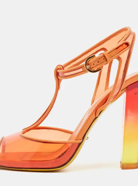 Sergio Rossi Orange Patent Leather and PVC Open Toe T-Strap Sandals Size 37