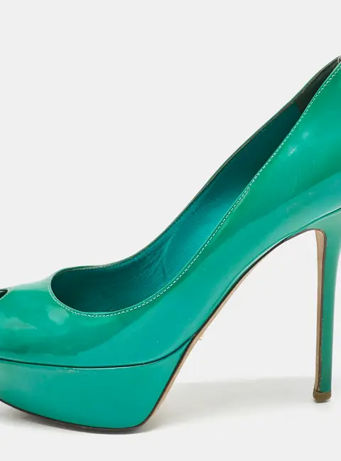 Sergio Rossi Green Patent Leather Peep Toe Platform Pumps Size 38