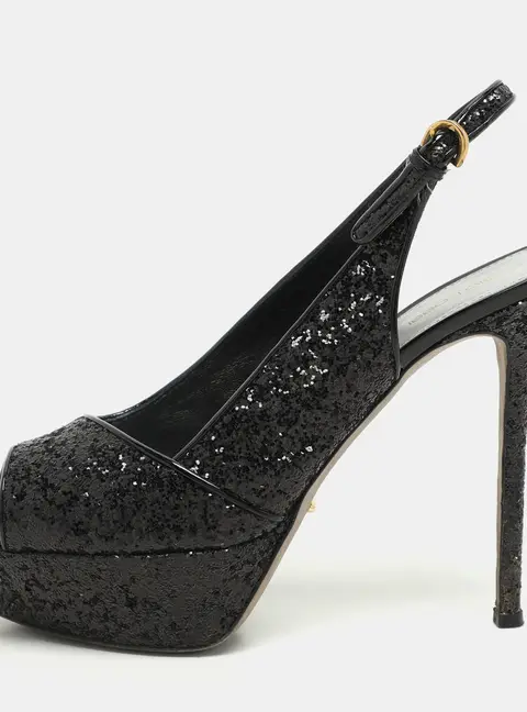 Sergio Rossi Metallic Black Glitter Slingback Platform Sandals Size 41