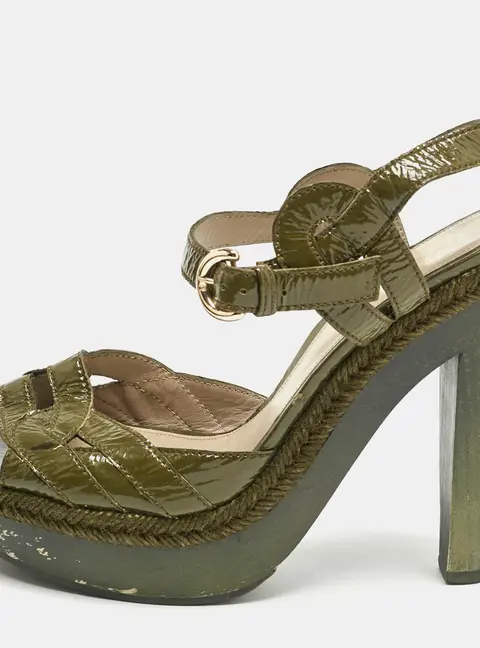 Sergio Rossi Olive Green Patent Leather Platform Ankle Strap Sandals Size 38