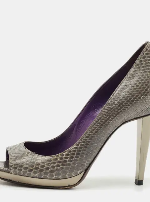 Sergio Rossi Dark Grey Snakeskin Leather Open Toe Pumps Size 37