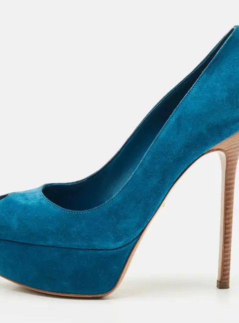 Sergio Rossi Blue Suede Peep Toe Platform Pumps Size 38.5