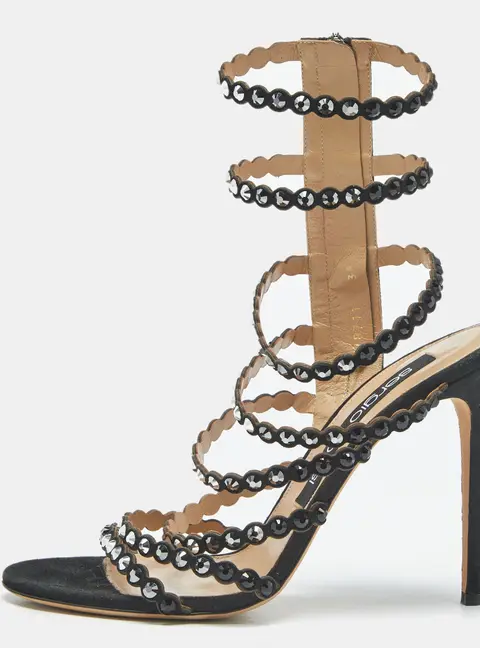 Sergio Rossi Black Suede Crystal Embellished Ankle Strap Sandals Size 39