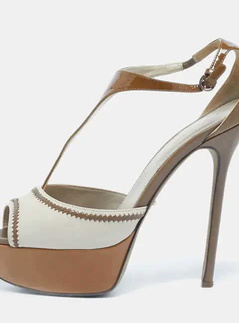 Sergio Rossi Brown/Beige Patent and Leather T Strap Platform Sandals Size 38