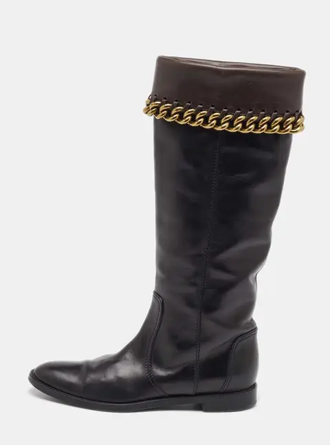Sergio Rossi Black/Dark Brown Leather Chain Detail Calf Length Boots Size 35.5